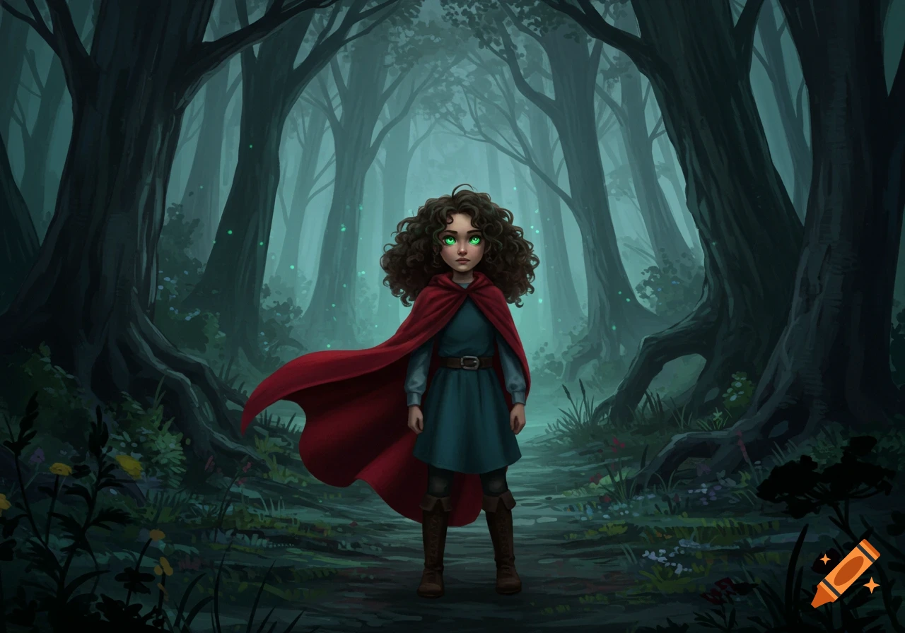 Illustration of a young girl with curly brown hair, glowing green eyes, and a red cape standing in a dark, mystical forest.