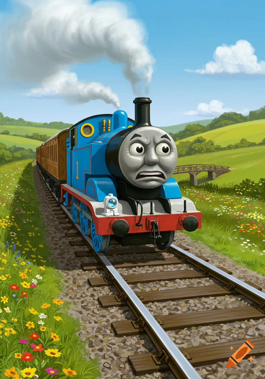 Thomas the Tank Engine with a distressed expression pulls brown carriages on a track through a green, flowery countryside, under a blue sky.