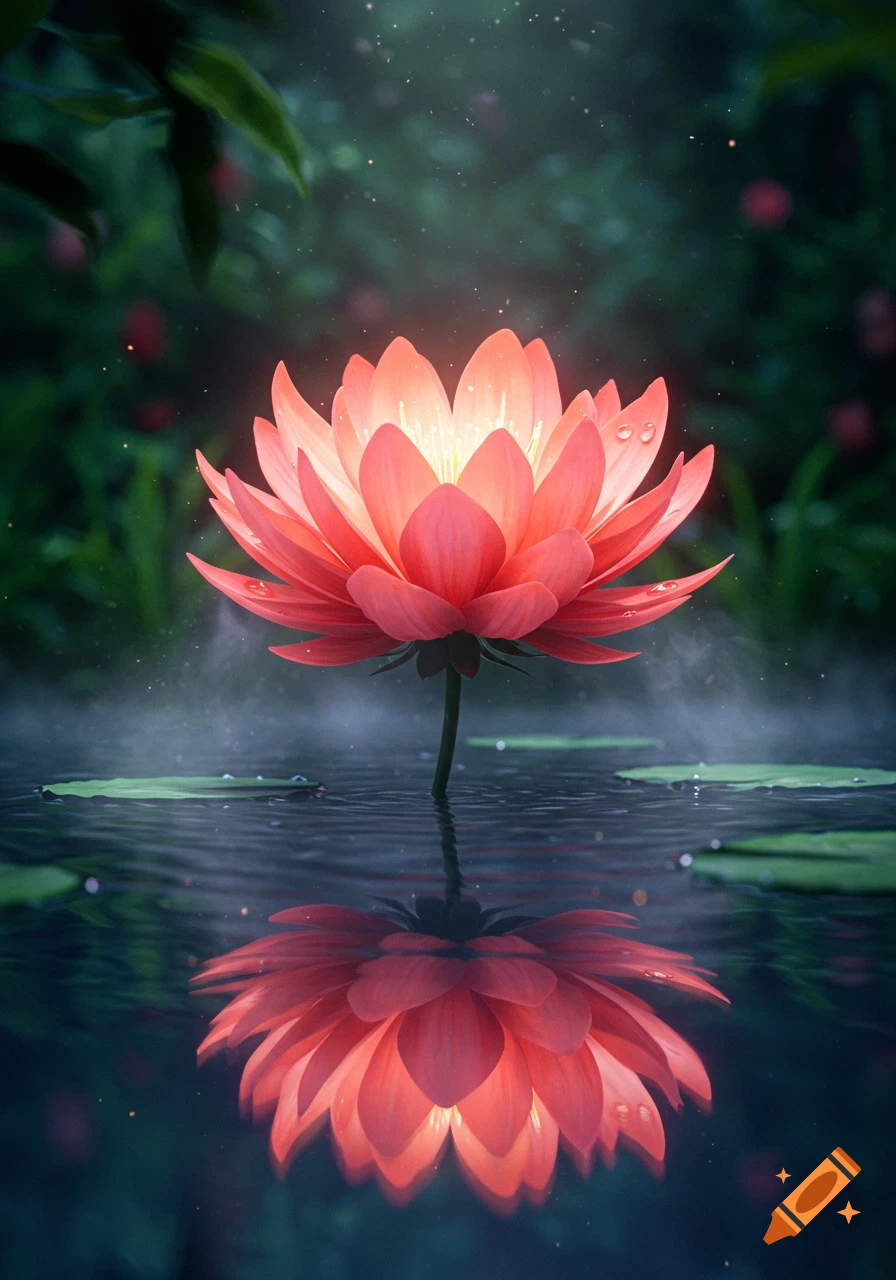 A vibrant, glowing pink lotus flower with water droplets rises from dark water, reflected below, with misty green foliage.