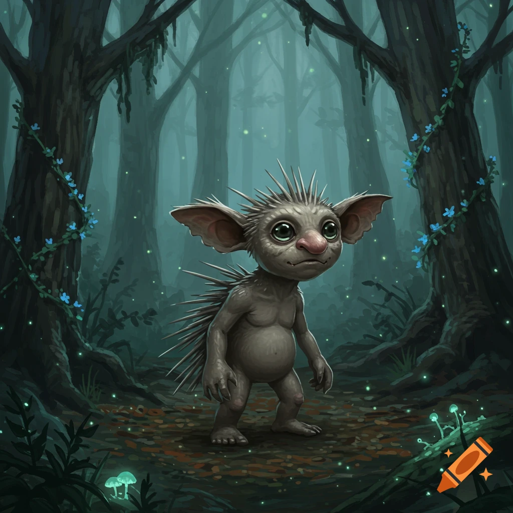 A grey-skinned, goblin-like pukwudgie with big ears, an enlarged nose, and porcupine quills stands in a dark, magical forest.