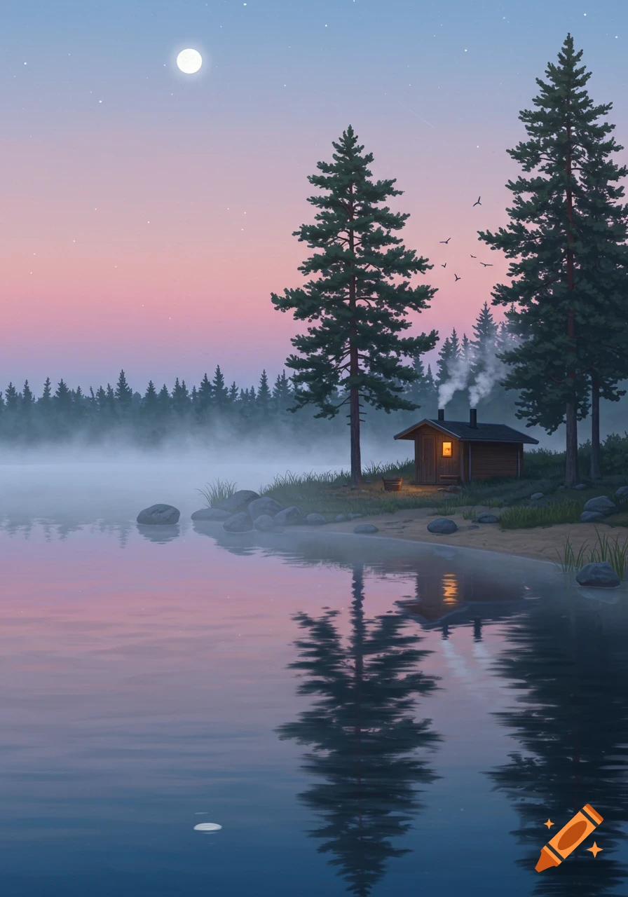 An illustrated scene of a moonlit cabin next to a misty lake with tall pine trees under a pastel twilight sky.