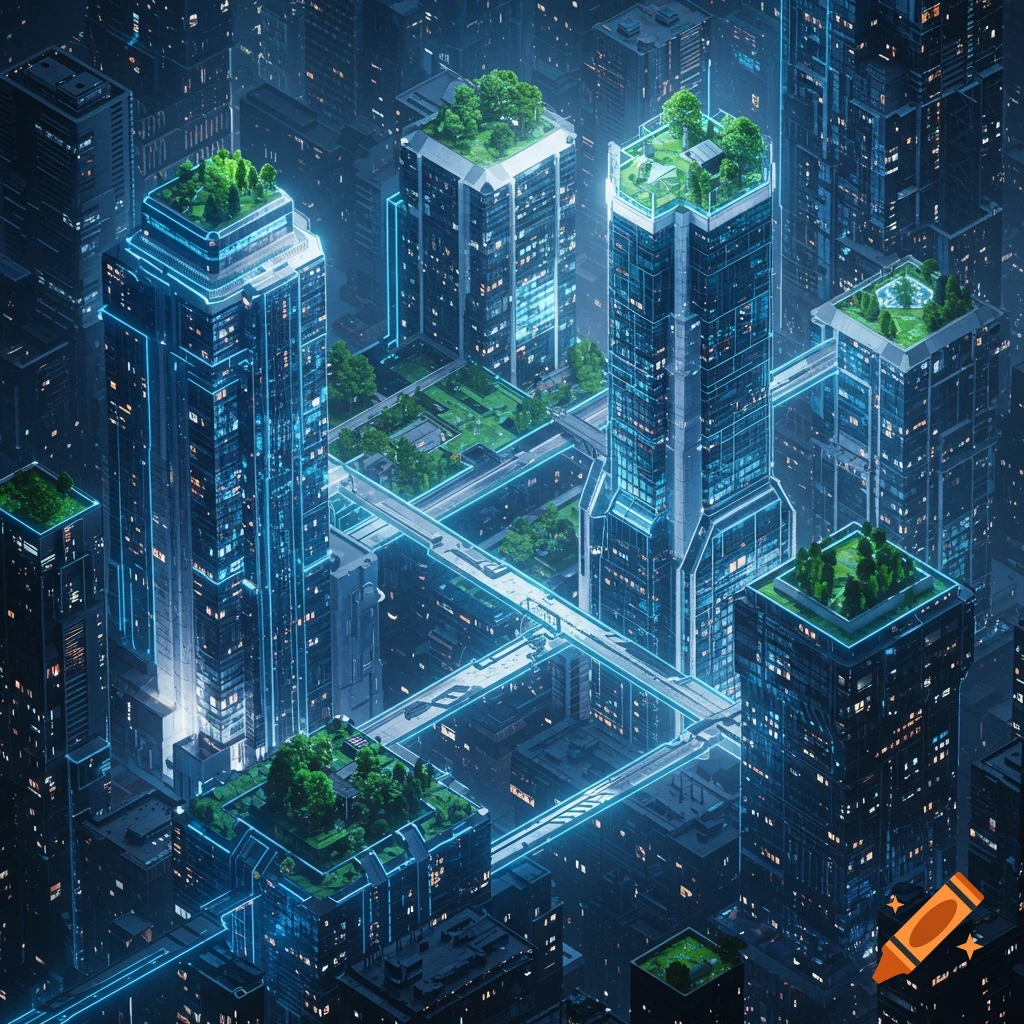 Isometric top-down view of modern, high-tech skyscrapers with green rooftops and glowing blue lines connecting buildings in a futuristic city.