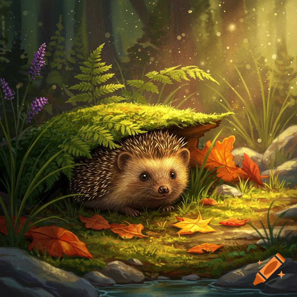 A cute hedgehog peeking from under a mossy log in a vibrant, sunny forest with autumn leaves and a stream. Illustration.