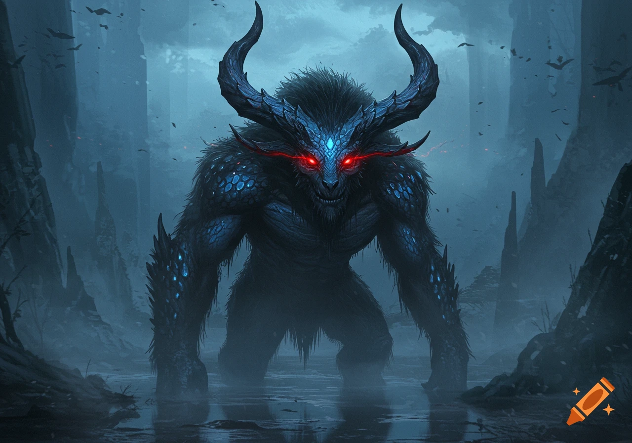 A fearsome, dark, horned monster with glowing red eyes and blue scales stands in a misty, dark swamp.