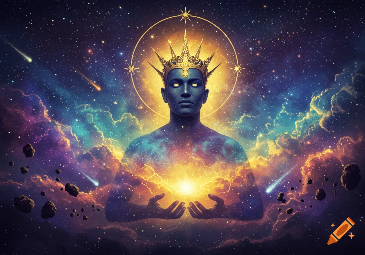 A cosmic being with a golden crown, glowing eyes, and a nebula body holding a star, surrounded by a starry galaxy.