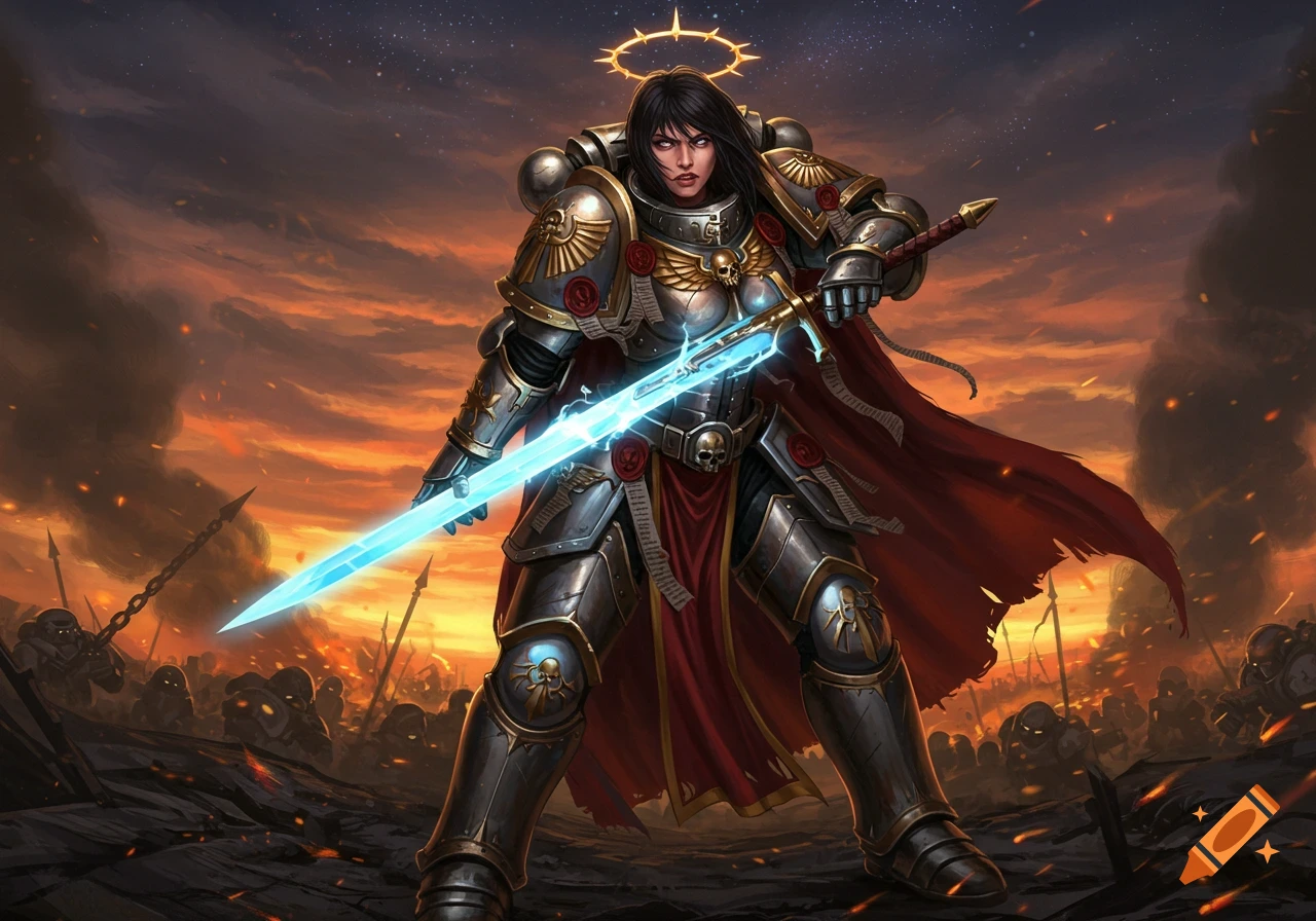 Heavily armored female warrior with a halo and glowing sword stands heroically on a battleground with burning ruins at sunset.