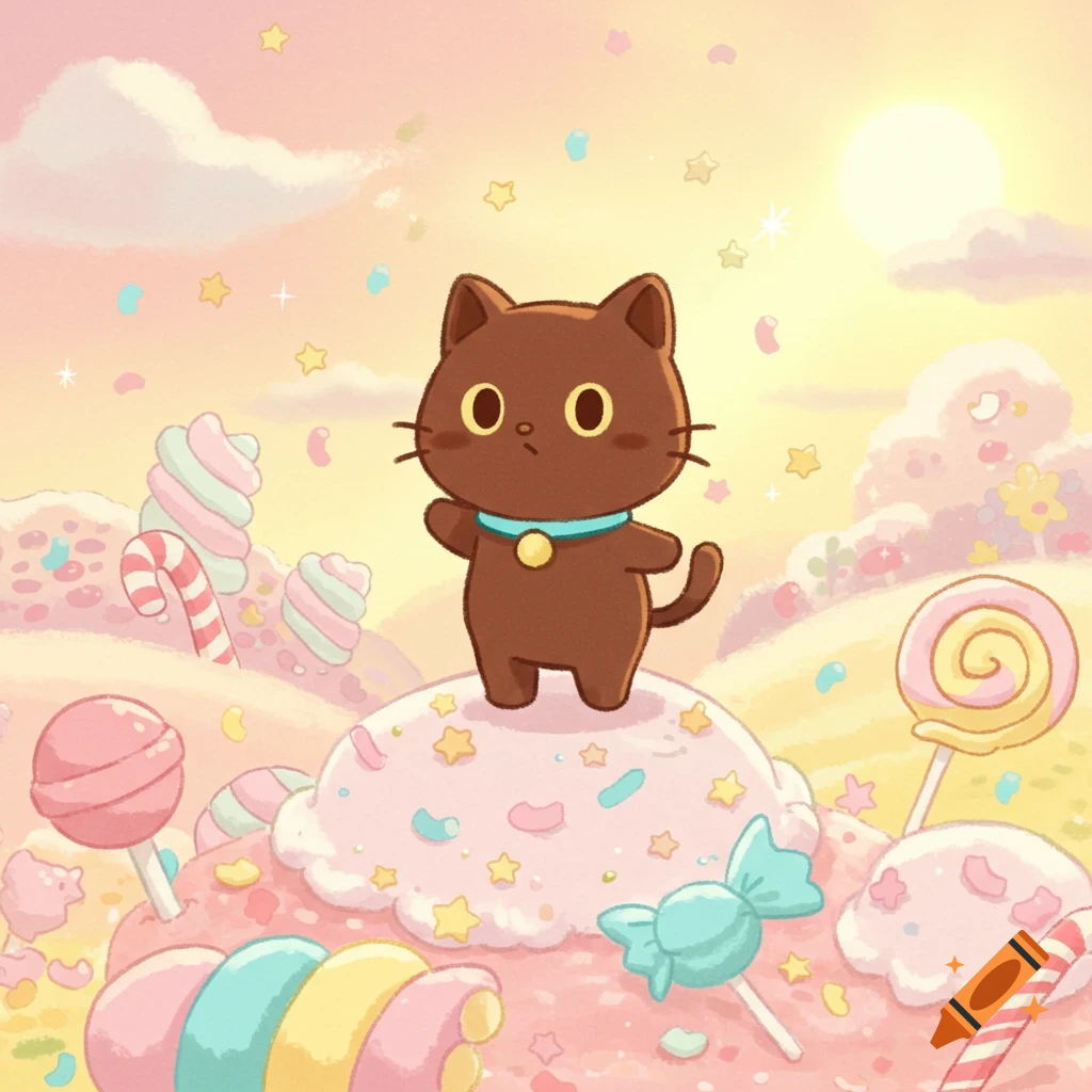 A cute brown cartoon cat with a blue collar stands on a pink frosting hill in a pastel candy land with lollipops and marshmallows.