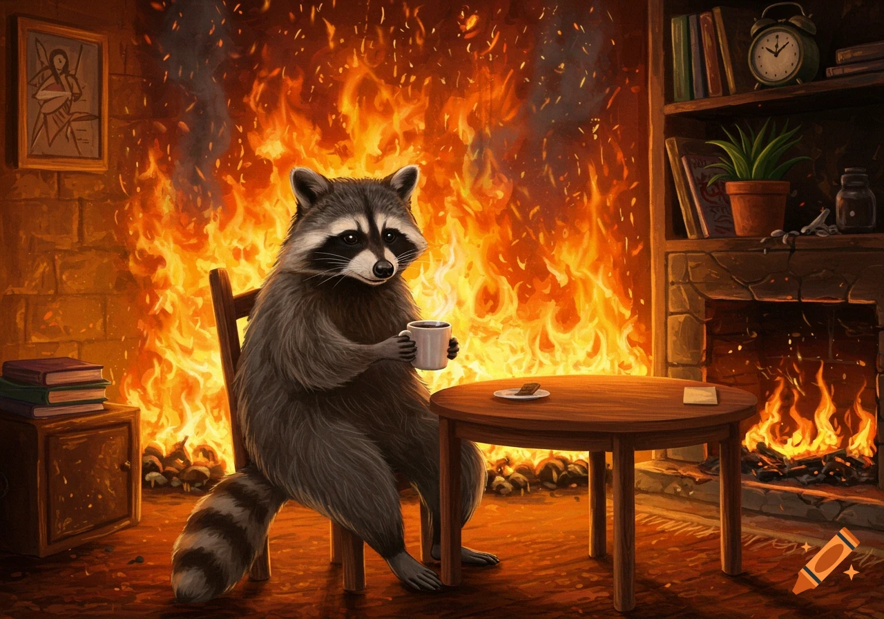 A raccoon calmly sits at a table drinking coffee while a large fire rages in the background, in a humorous illustrated style.