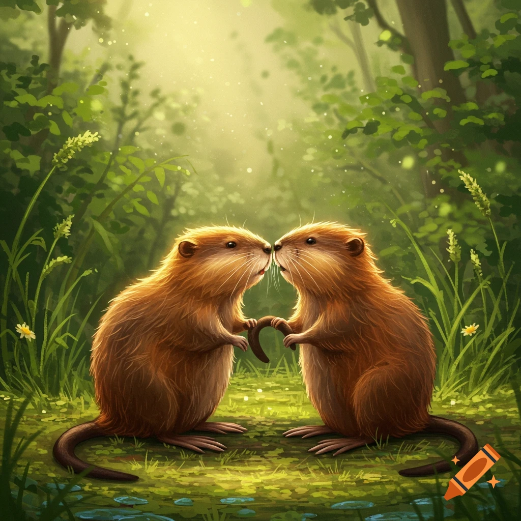 Two happy muskrats nose-to-nose, holding paws in a sunlit green forest, in an illustrative style.