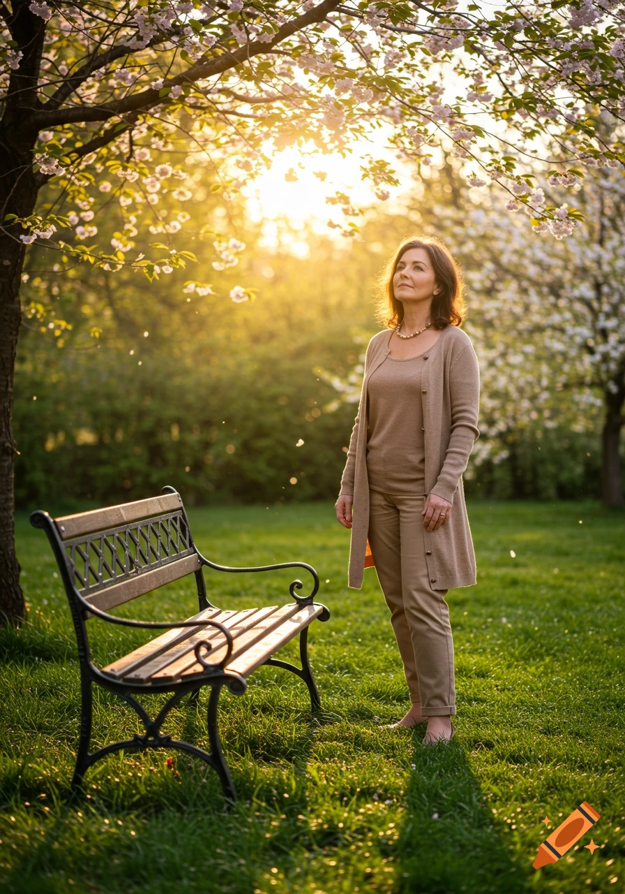 A woman stands in a sunny park under a blooming tree, looking up. A park bench is nearby.