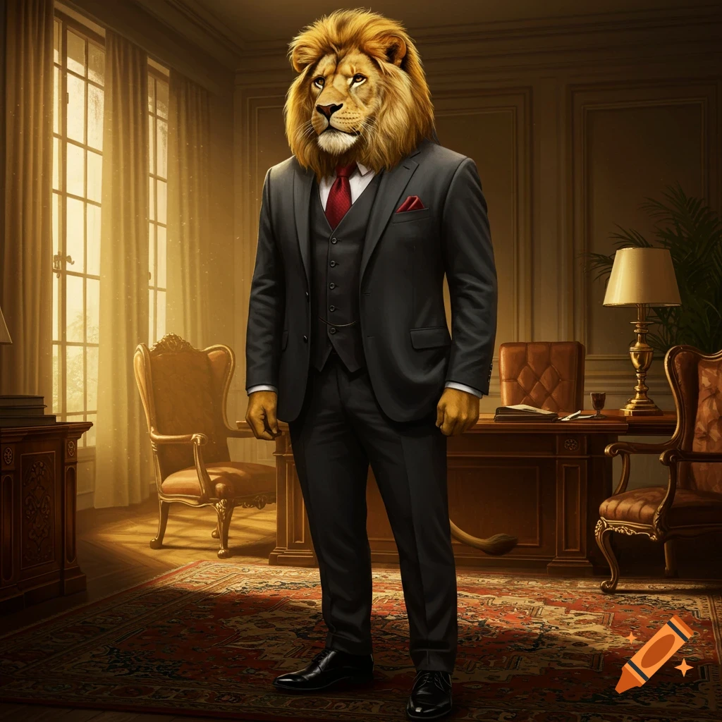 A photorealistic image of an anthropomorphic lion in a dark suit and red tie, standing in a luxurious, sunlit office.