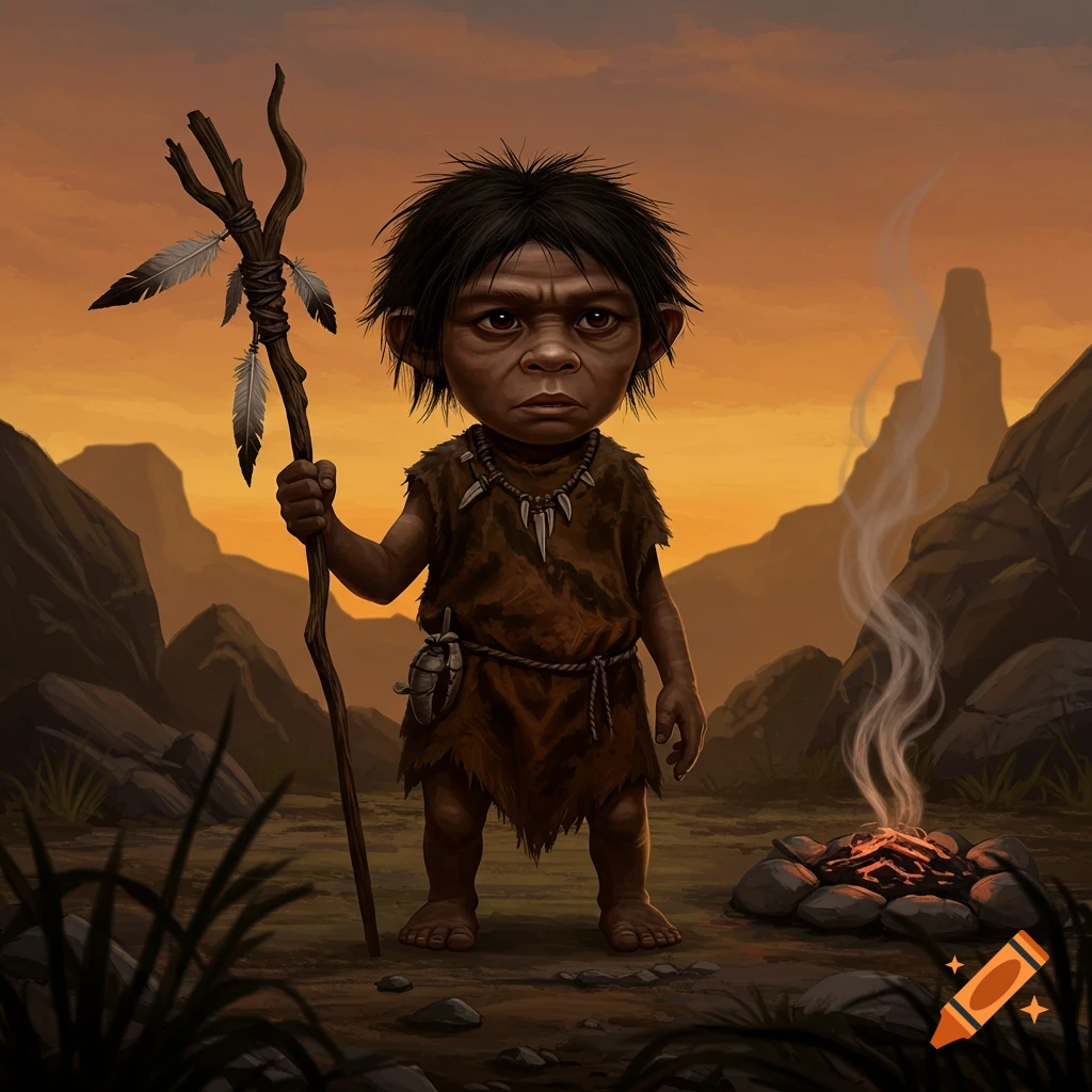 Stylized illustration of a prehistoric child-like figure with dark hair and Neanderthal features, holding a feathered stick, by a campfire at dusk.