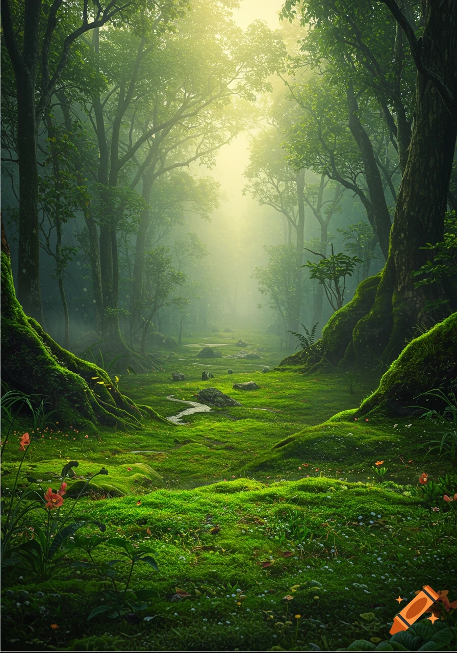 A vibrant, moss-covered forest path winds through dense trees, illuminated by glowing sunlight filtering through the canopy.