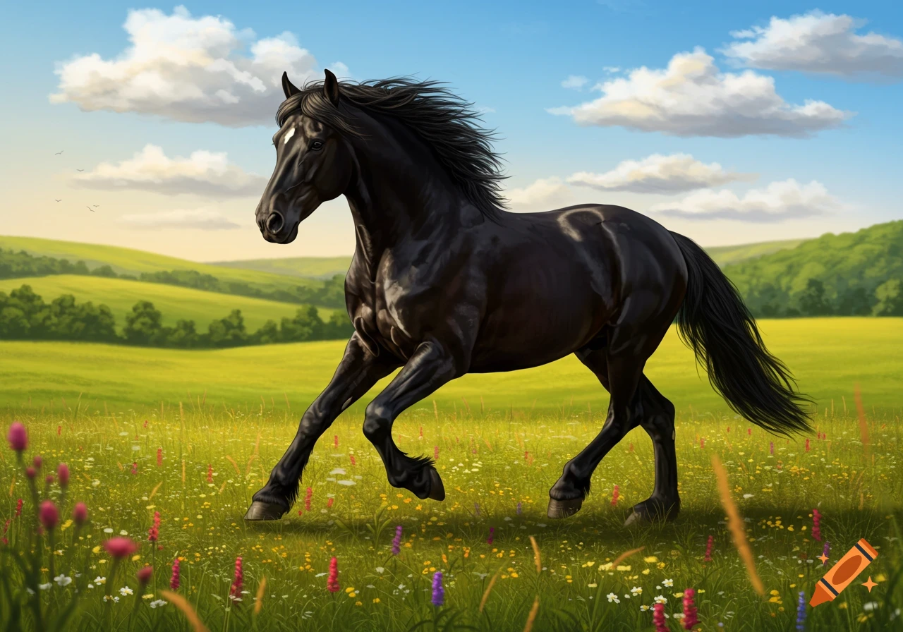 A majestic black horse with a white blaze gallops through a vibrant meadow filled with colorful wildflowers under a bright blue sky.