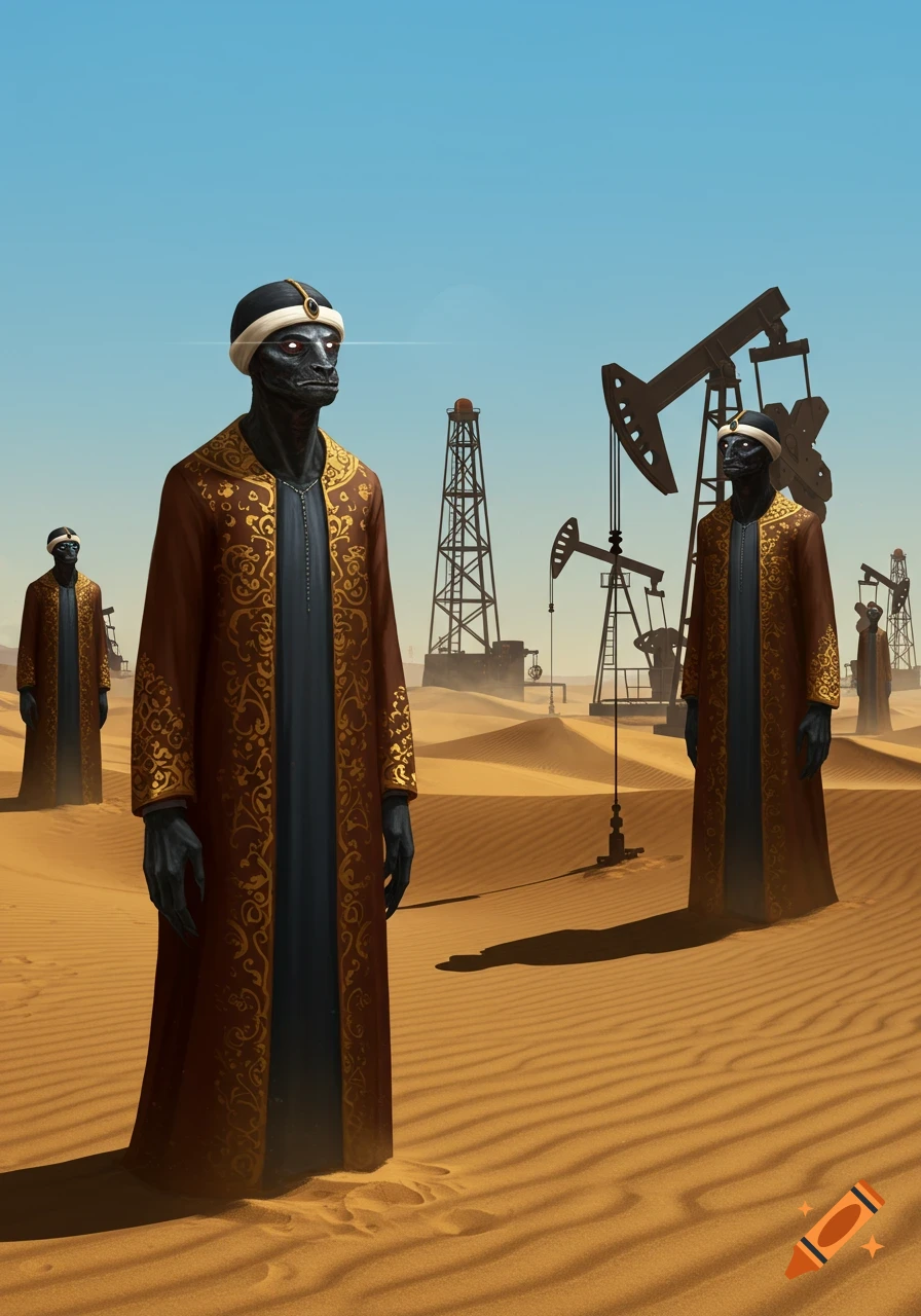 Three dark-skinned, monster-like figures in traditional robes stand in a sandy desert with multiple oil derricks in the background under a blue sky.