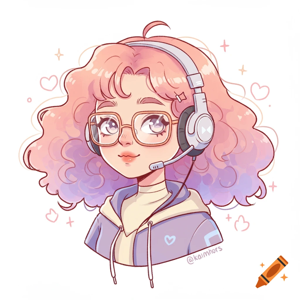 Cartoon avatar of a young woman with curly pink and purple hair, glasses, and a headset with a microphone, wearing a hoodie.