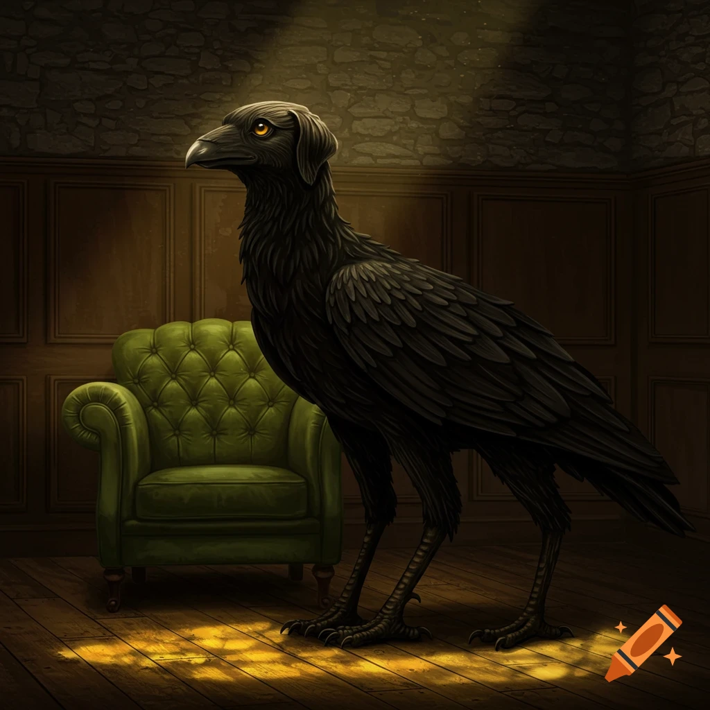 A dark, feathered, bird-like creature with a dog's head and amber eyes stands in a dimly lit room beside a green Victorian chair. Illustration.