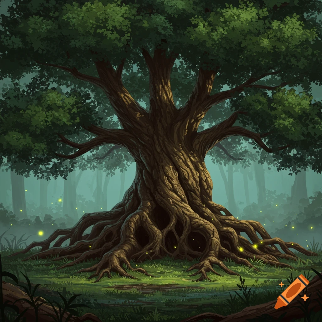 A digitally illustrated ancient, gnarled tree with exposed roots in a misty forest with glowing fireflies.