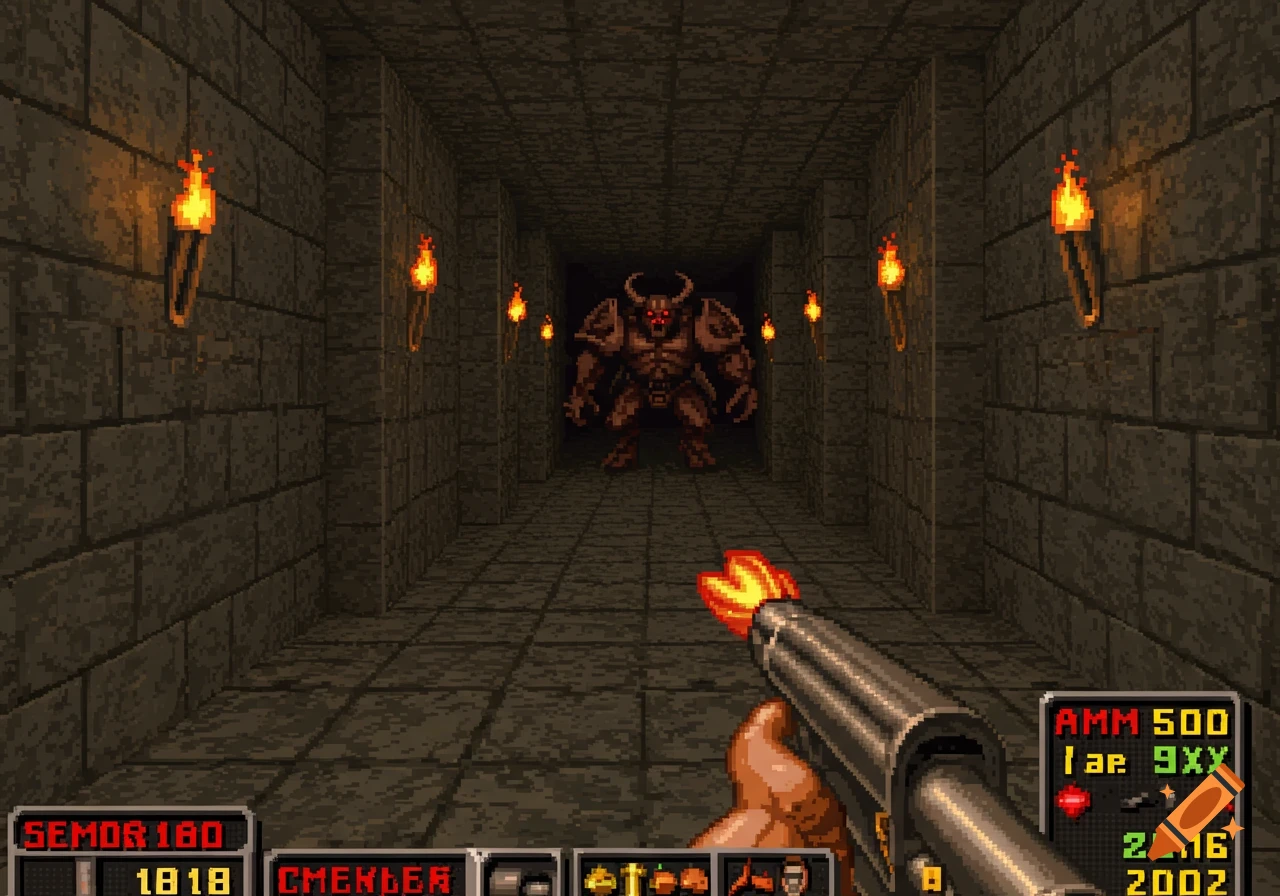 A pixelated first-person view in a dark stone dungeon hallway, aiming a shotgun at a horned demon. A retro game UI is visible.
