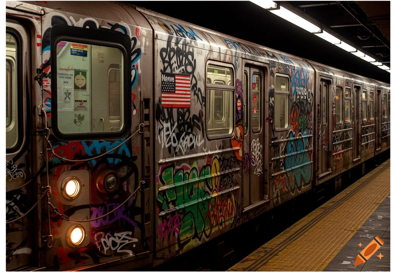Photorealistic image of a New York subway train car heavily covered in colorful graffiti, parked at a station platform.