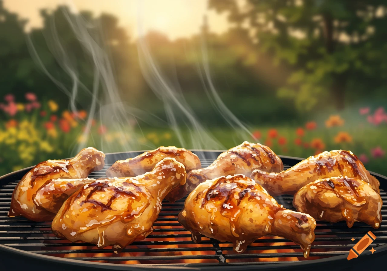 Grilled chicken drumsticks with sauce and smoke rising from a barbecue grill, set in a sunny outdoor backyard scene.