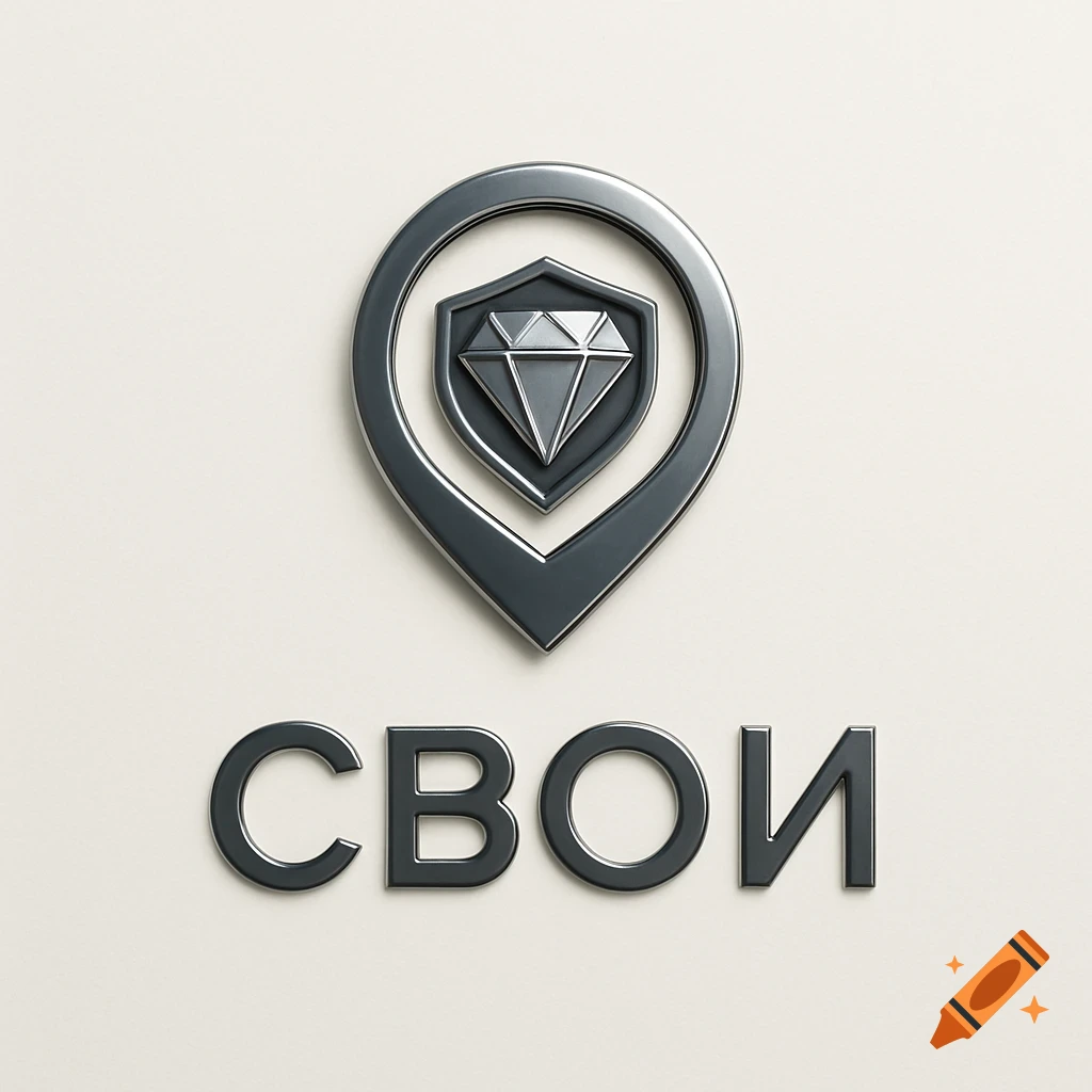 A minimalist metallic logo featuring a geolocation pin icon with a shield and diamond inside, above the word "СВОИ" in a sleek font.