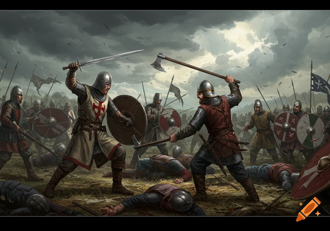 Medieval warriors clash with swords and axes on a battlefield under a stormy sky, with fallen soldiers on the ground.