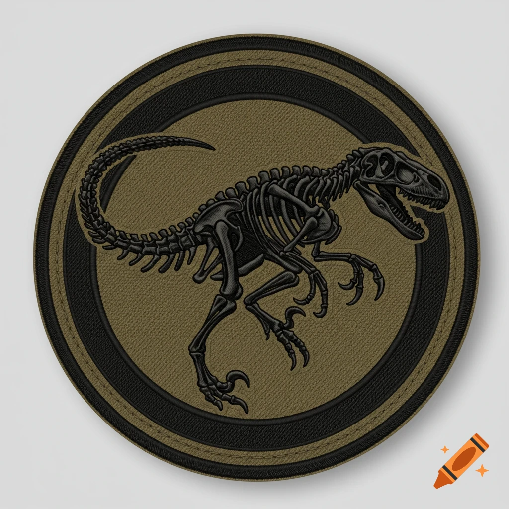 A military-style embroidered patch with a black velociraptor skeleton on an olive drab background, framed by a dark ring.