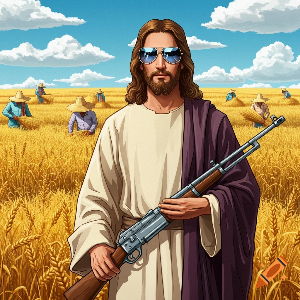 Pop Art satirical image of Jesus in sunglasses holding a rifle in a golden wheat field with farm workers harvesting.