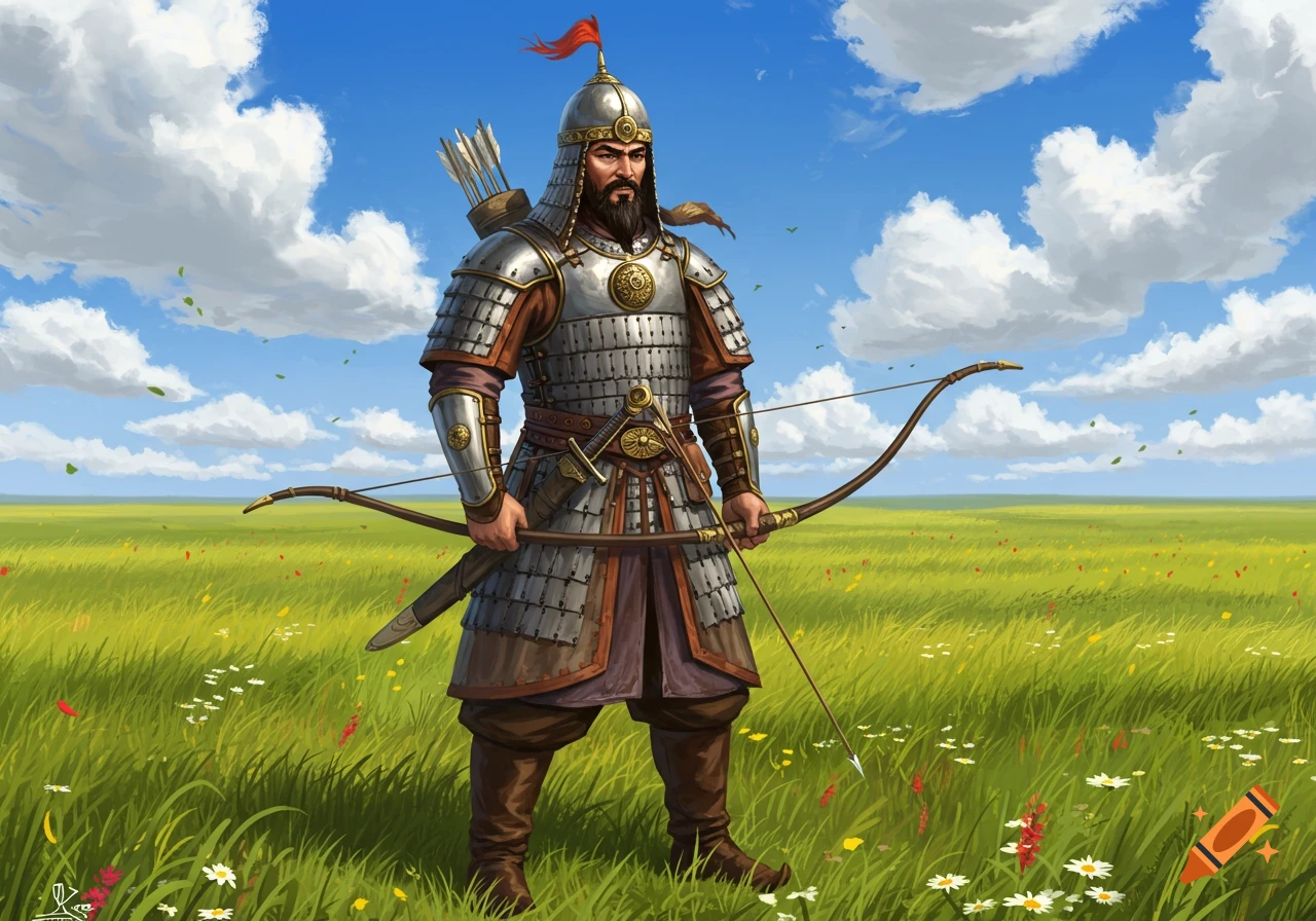 A bearded Kipchak warrior in detailed armor stands in a green, flower-speckled field, holding a bow and arrow, under a blue sky.