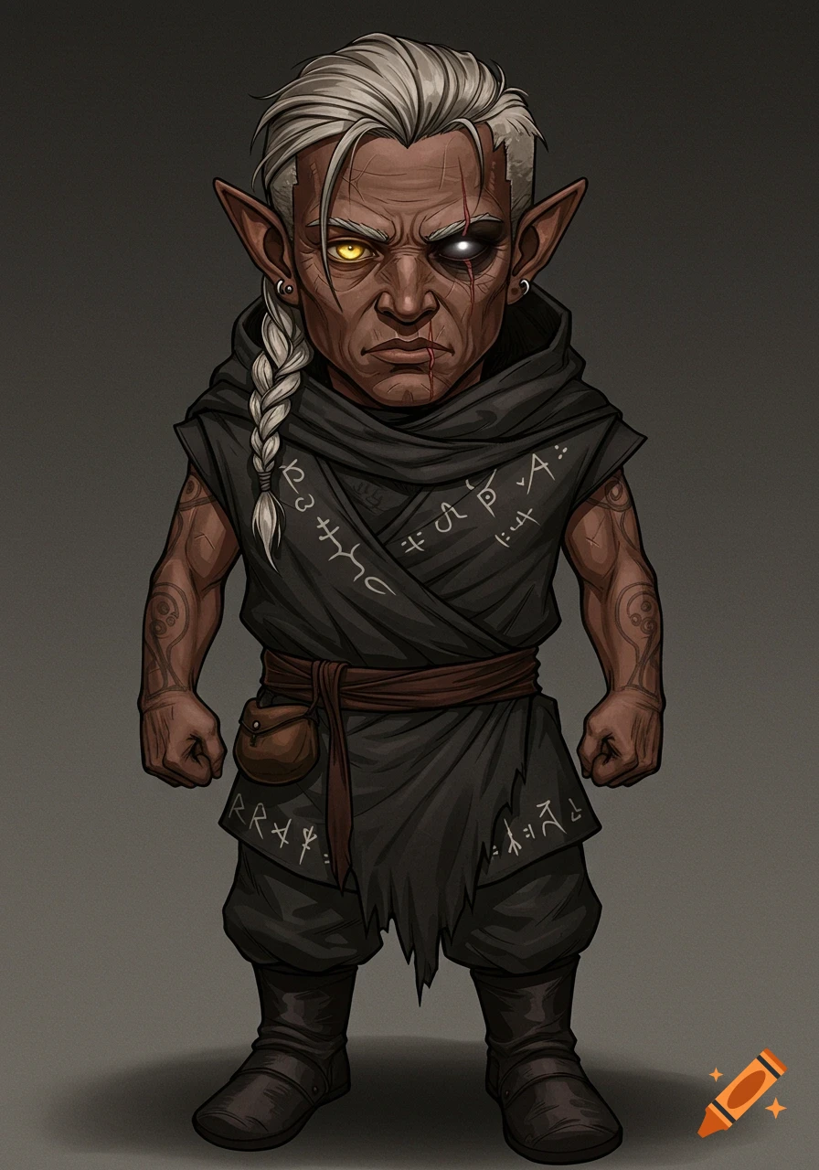 A dark-skinned fantasy character with white hair, one golden eye, one black eye, facial scars, and wearing dark robes with mystical glyphs.