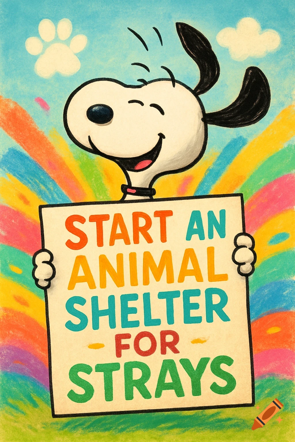 Snoopy cartoon beagle holds a 'Start an animal shelter for strays' sign with a happy face against a colorful crayon background.