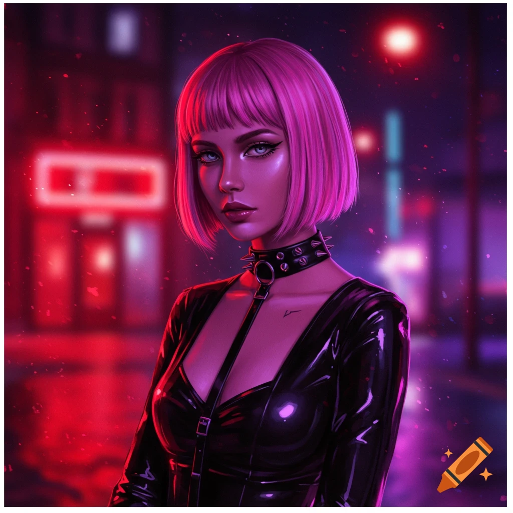 A woman with a short pink bob haircut and a spiked collar wears a black, shiny, low-cut outfit, illuminated by red and purple neon lights in an urban setting.