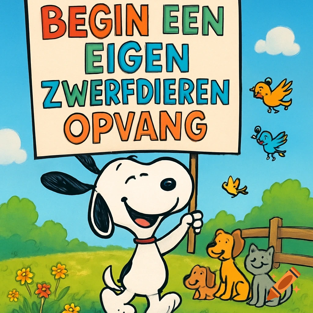 Happy Snoopy holds a sign 'Begin een eigen zwerfdierenopvang' in a field with cartoon dogs, a cat, and flying birds.