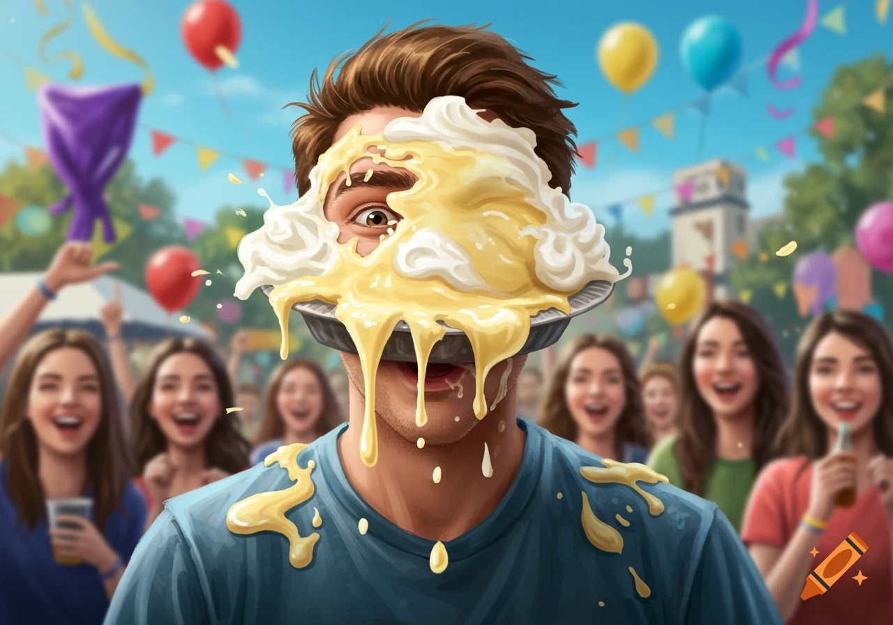 A man with a pie slammed in his face, with whipped cream and pie filling dripping down, surrounded by laughing people at an outdoor festival.