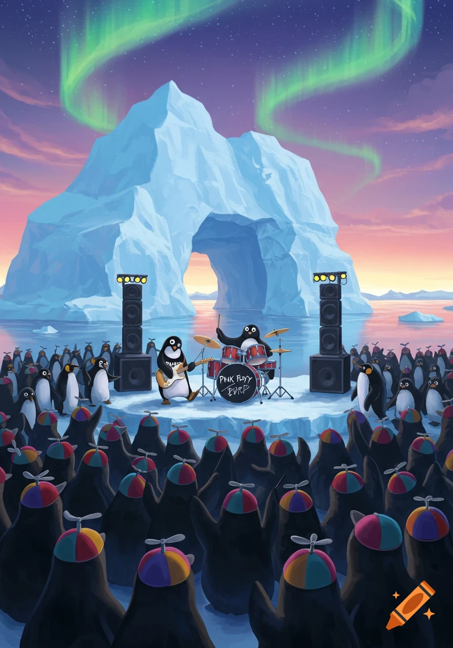 A cartoon penguin band performs on an iceberg stage with glowing lights to an audience of penguins wearing propeller hats, under an aurora borealis sky.