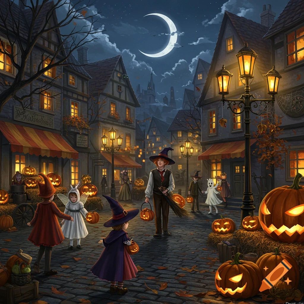 An illustrated Halloween night with children in costumes trick-or-treating on a cobblestone street lined with glowing jack-o'-lanterns and old buildings under a crescent moon.