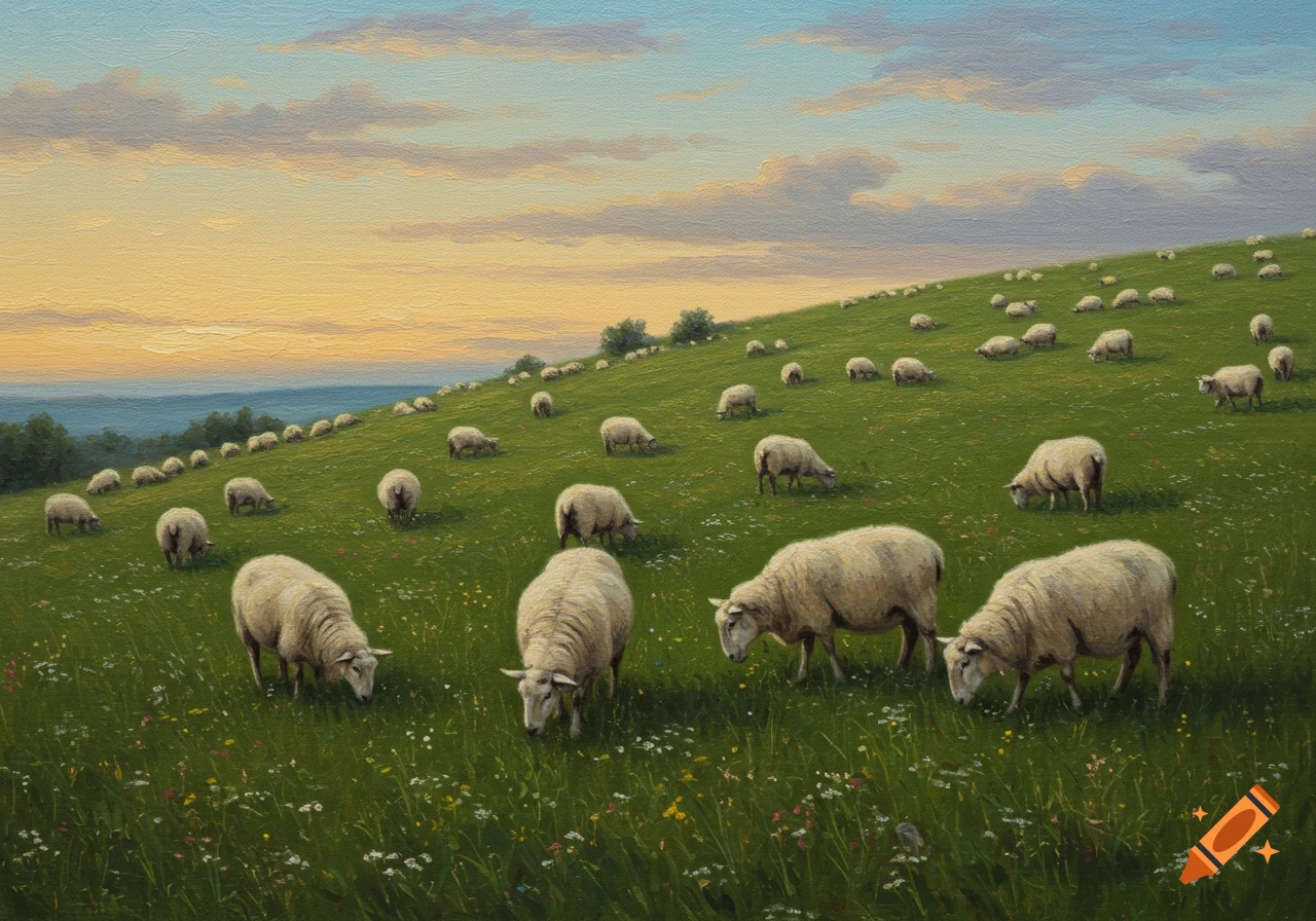Old masters style oil painting of white sheep grazing on a green hillside with a colorful sunset sky.