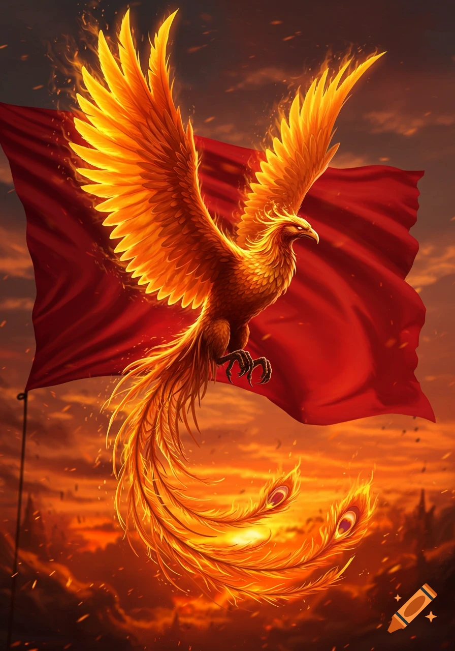 A majestic, fiery golden-orange phoenix with large wings spread, flying in front of a red flag against a vibrant, fire-filled sunset.