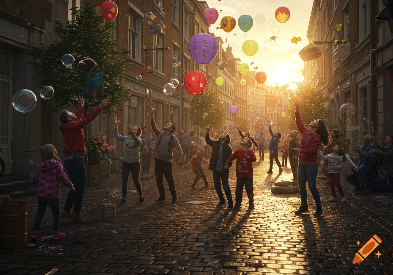 A vibrant street scene at sunset with many people, including children, joyfully interacting with colorful balloons and bubbles floating in the air over a cobblestone street.