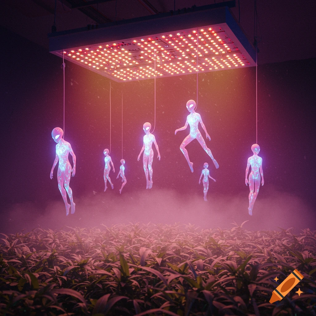 Glowing alien figures suspended by wires under a red LED grow light, above a field of plants in a dark, hazy room.