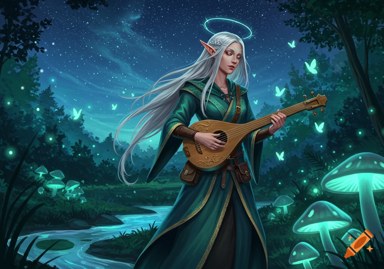Ethereal white-haired elf in a green cloak plays a lute amidst glowing mushrooms and fireflies in a magical night forest.