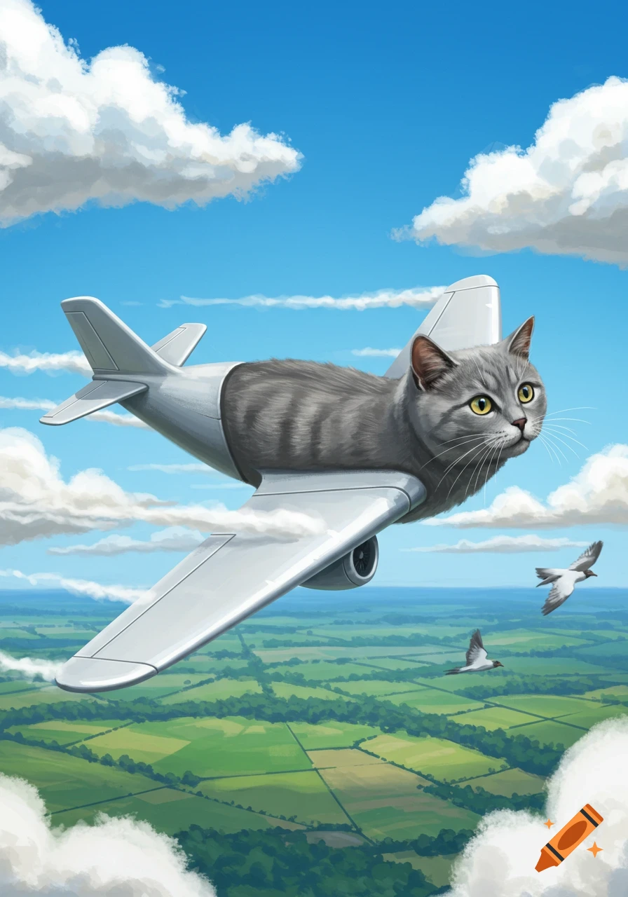 A grey tabby cat airplane with silver wings flies over a green rural landscape under a blue sky with white clouds.