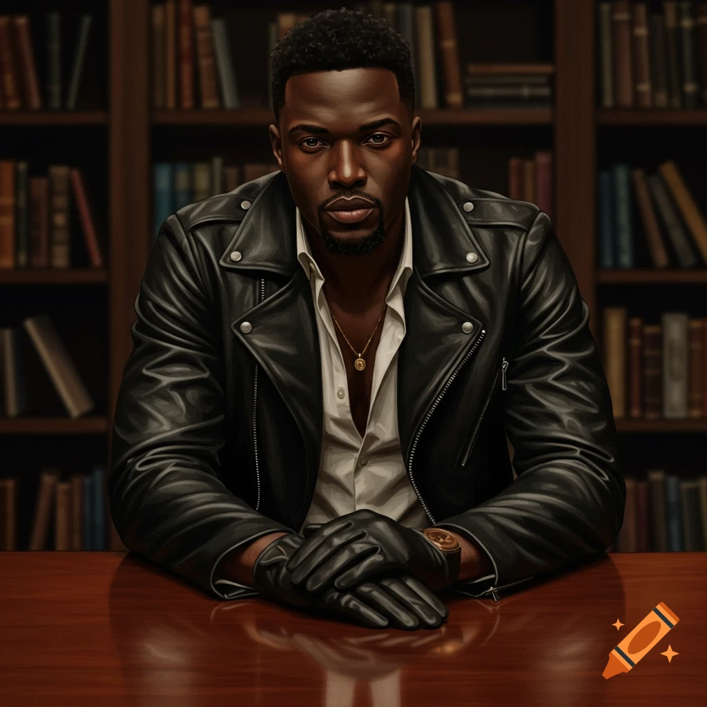 A handsome black man in a black leather jacket and gloves sits at a wooden table in a library, looking intently at the viewer.