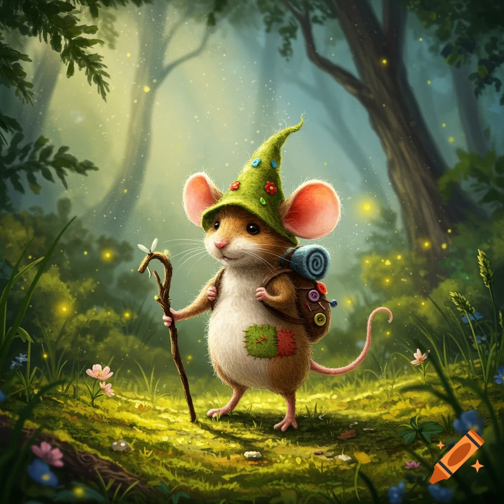 A whimsical illustration of a small mouse wearing a green pixie hat and backpack, holding a walking stick in a glowing forest.