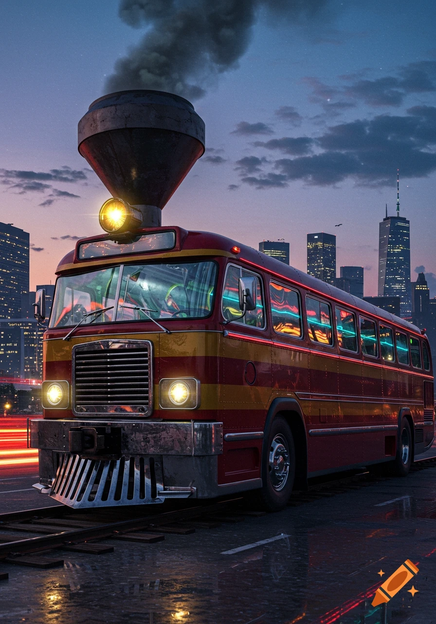 A vintage red and yellow bus modified with a train's cowcatcher and smokestack sits on tracks in a city at dusk.