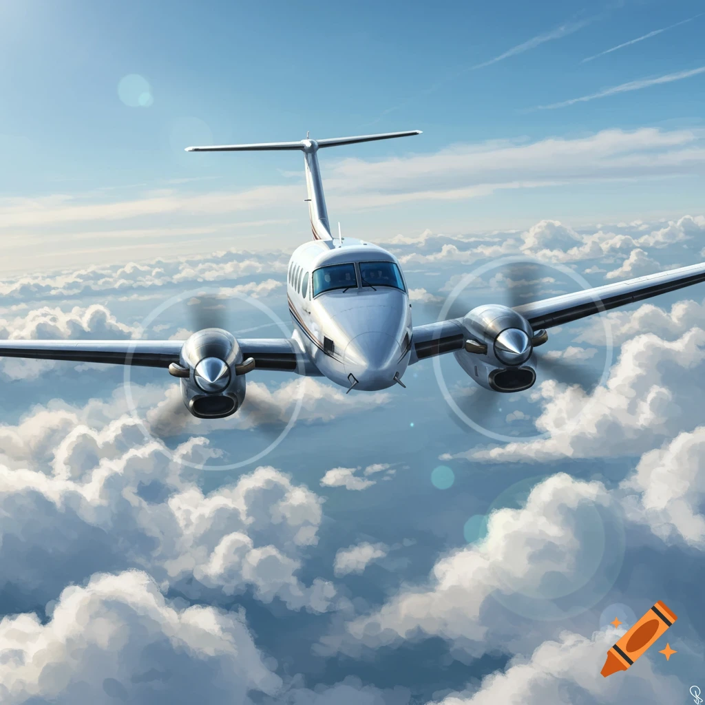 A silver twin-propeller airplane flies head-on above white clouds in a bright blue sky.