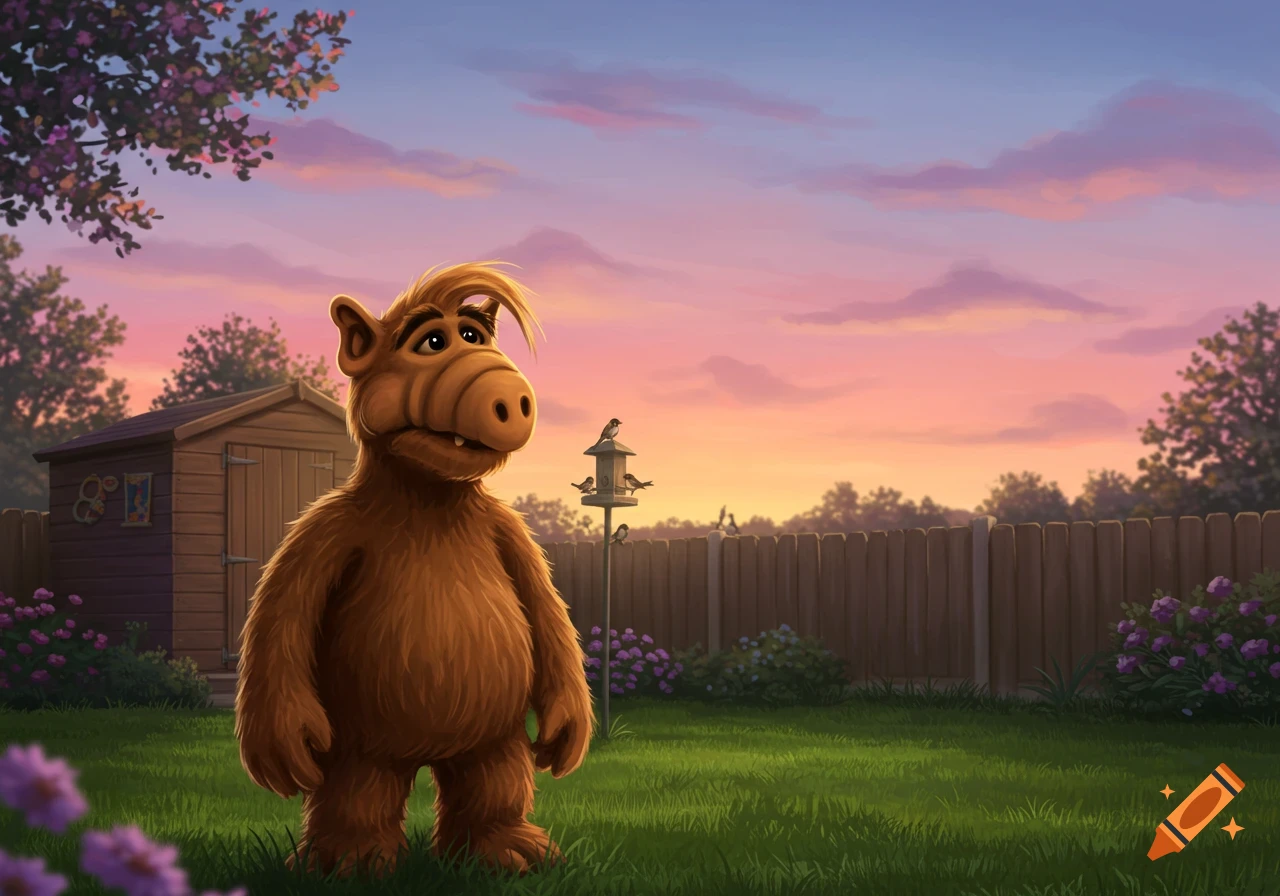 ALF stands in a green backyard at sunset with a shed, fence, and birds on a feeder.