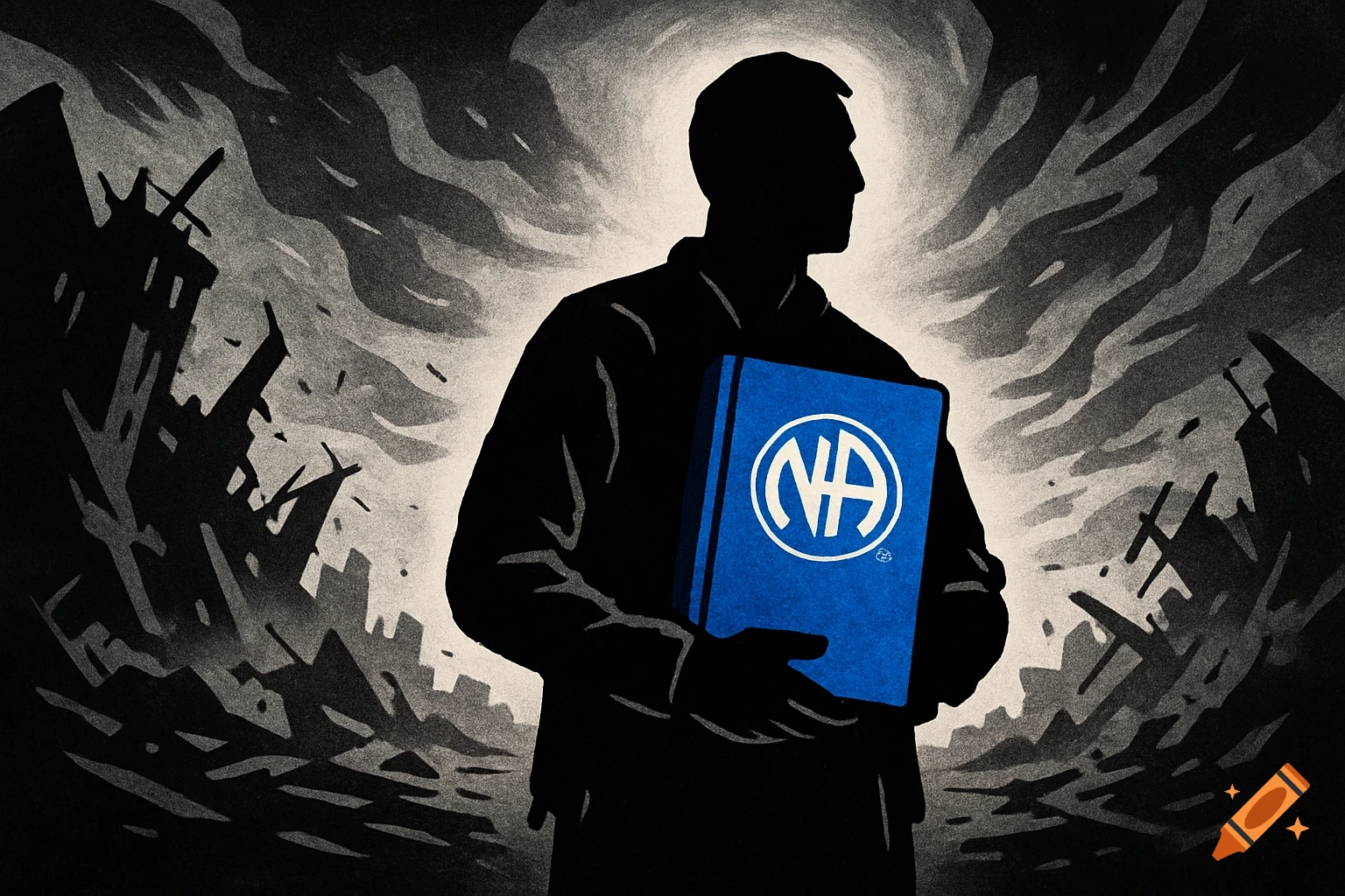 A graphic illustration of a person's silhouette holding a blue book with the NA (Narcotics Anonymous) logo against a dark, turbulent background.
