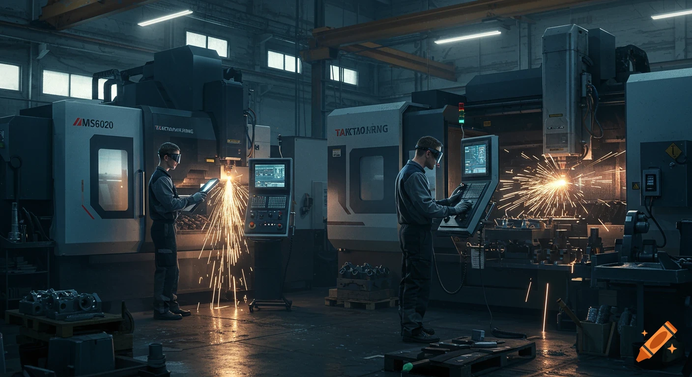 Photorealistic industrial machine shop with workers operating CNC and laser cutting machines, emitting sparks.